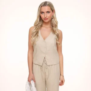 Missen Olivia & Kate Beige Lage V-Hals Linnen-Gilet