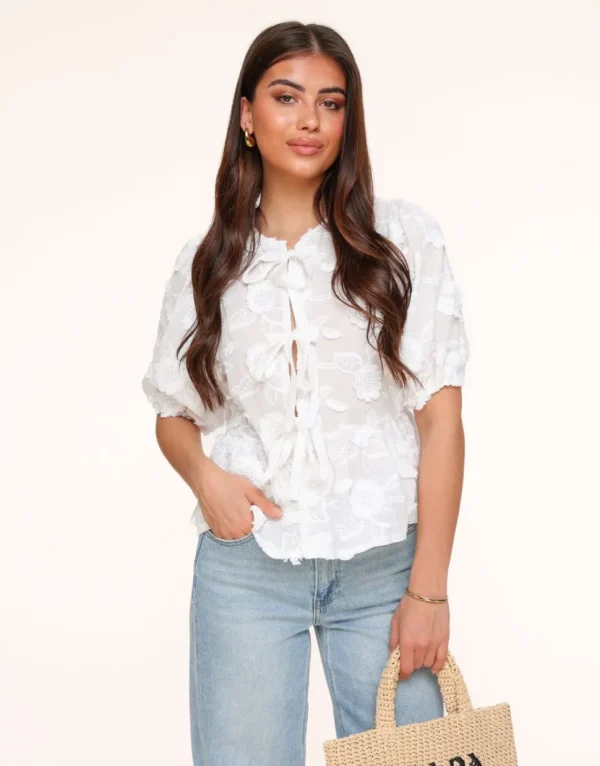 Missen Olivia & Kate Witte Bloemen Korte Pofmouwen Strikjes-Blouse