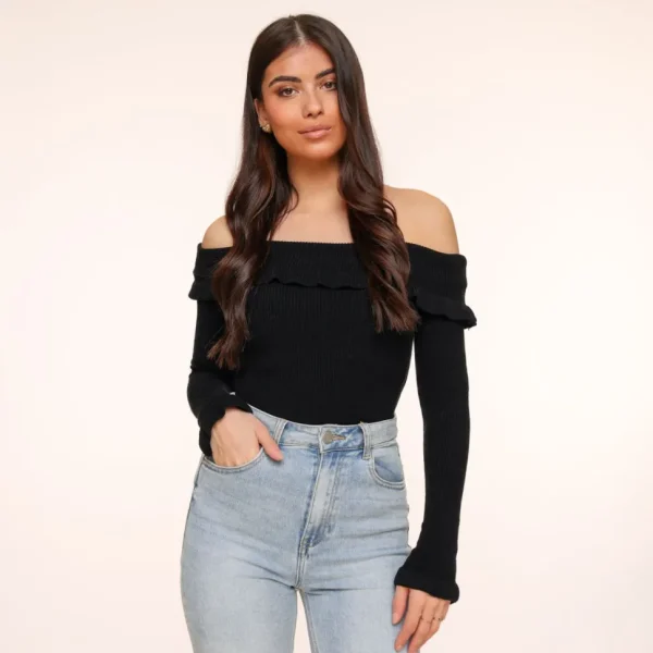 Missen Olivia & Kate Zwarte Elastische Ruffel Off Shoulder-Top